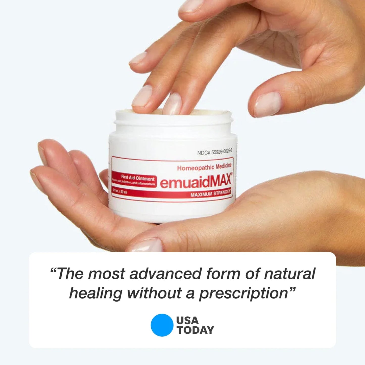 two hands holding emuaidmax ointment jar