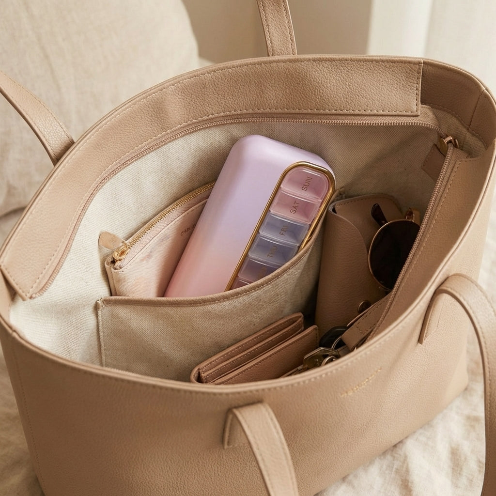 Cute Pill Organizer in purse lifestyle VIP