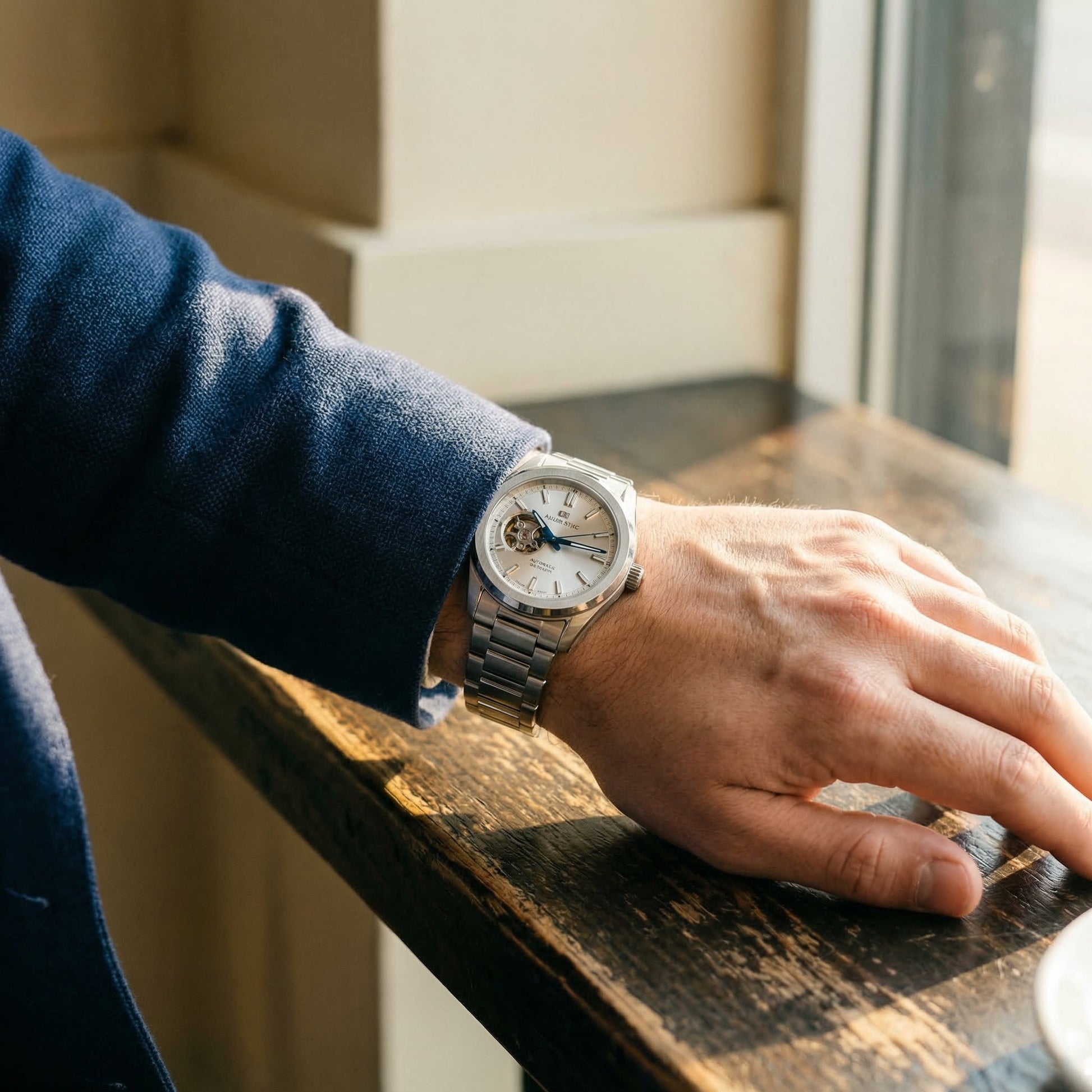Elegant automatic watch with stainless steel band on wrist