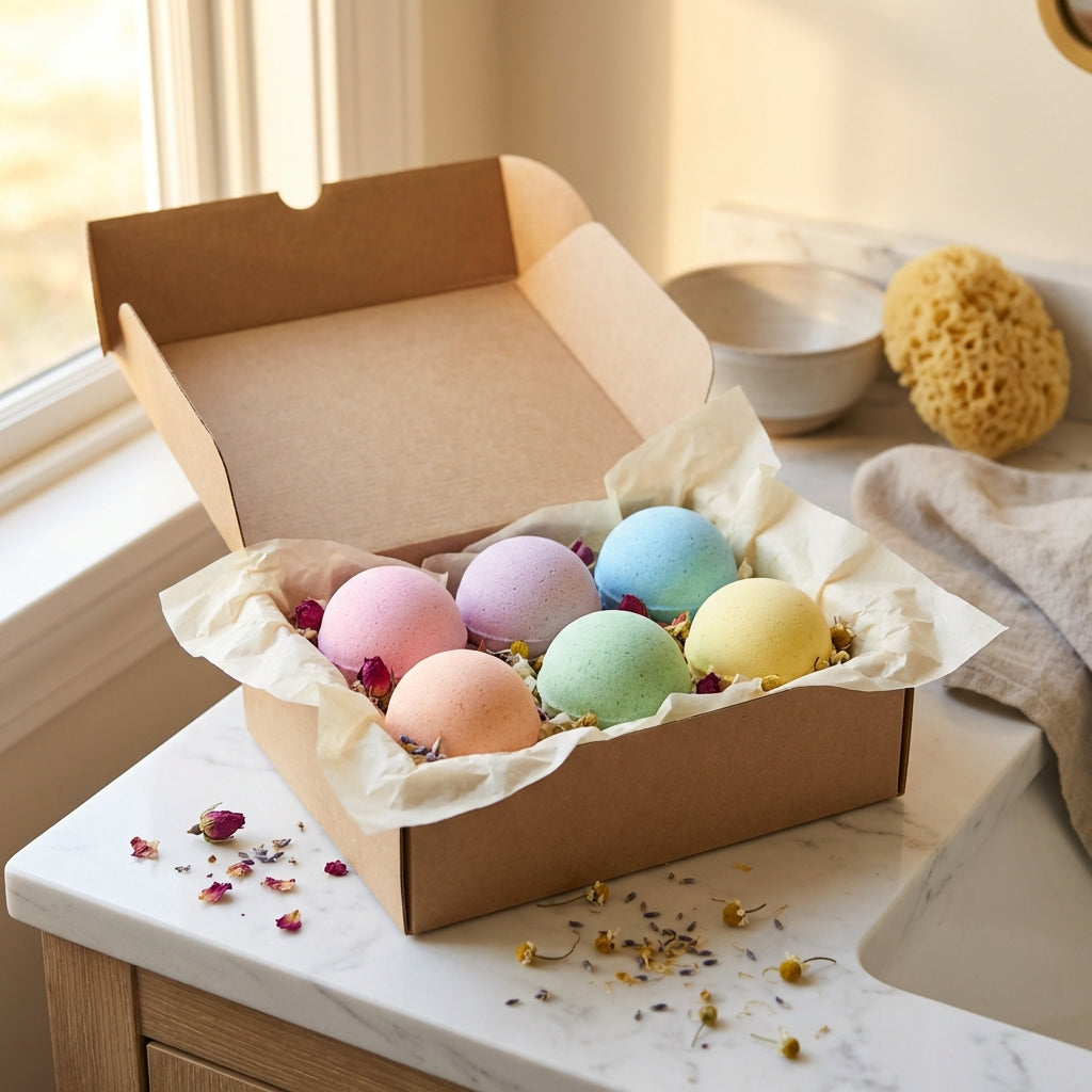 Close-up of bath bomb showing swirled colors and dried flowers