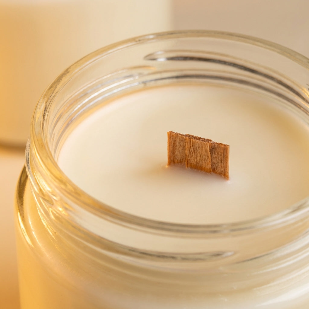 Close-up of scented candle showing soy wax and wooden wick