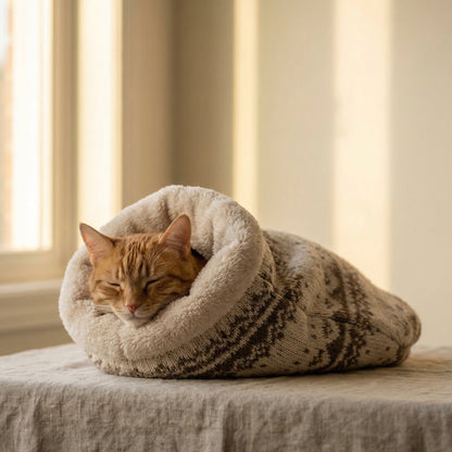 Cozy cat sleeping in self-warming kitty sack