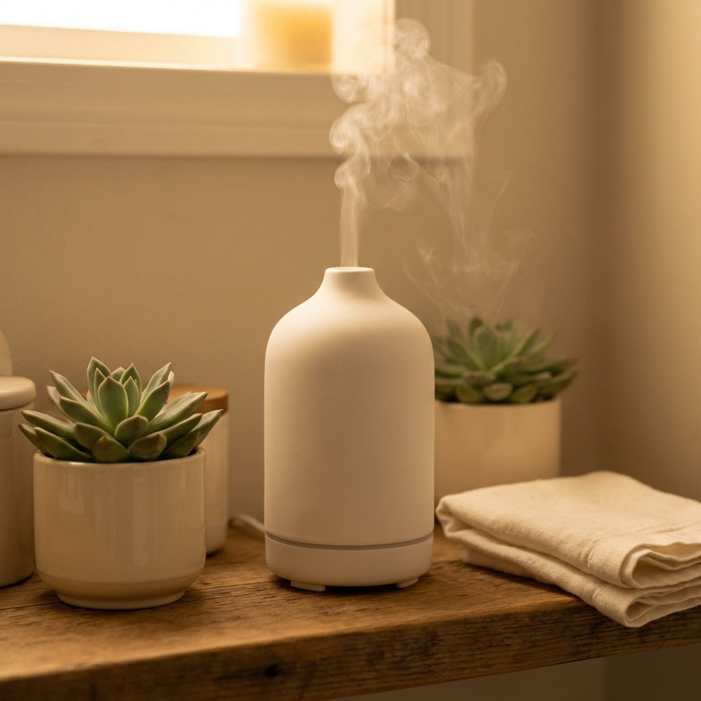 Close-up of ceramic diffuser showing matte texture and wood base