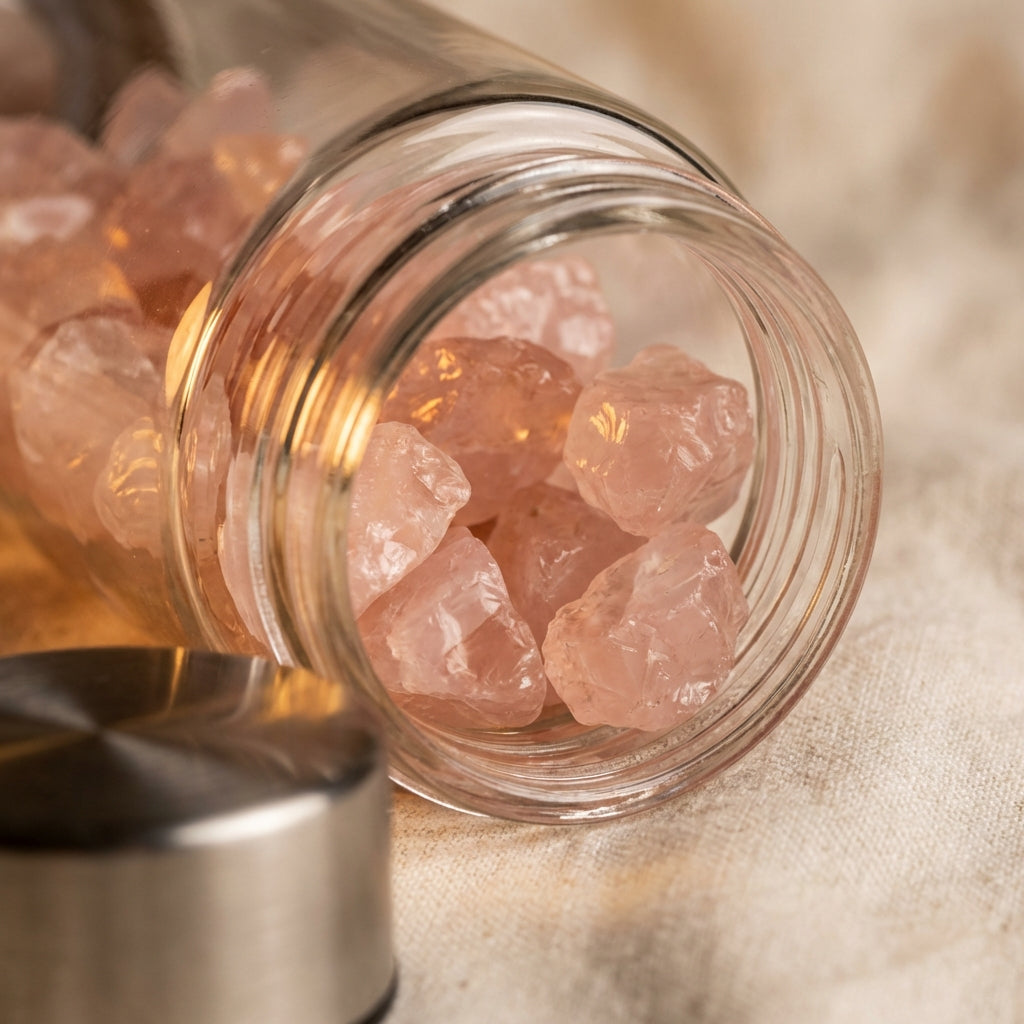 Close-up of crystal water bottle showing rose quartz crystal chamber detail