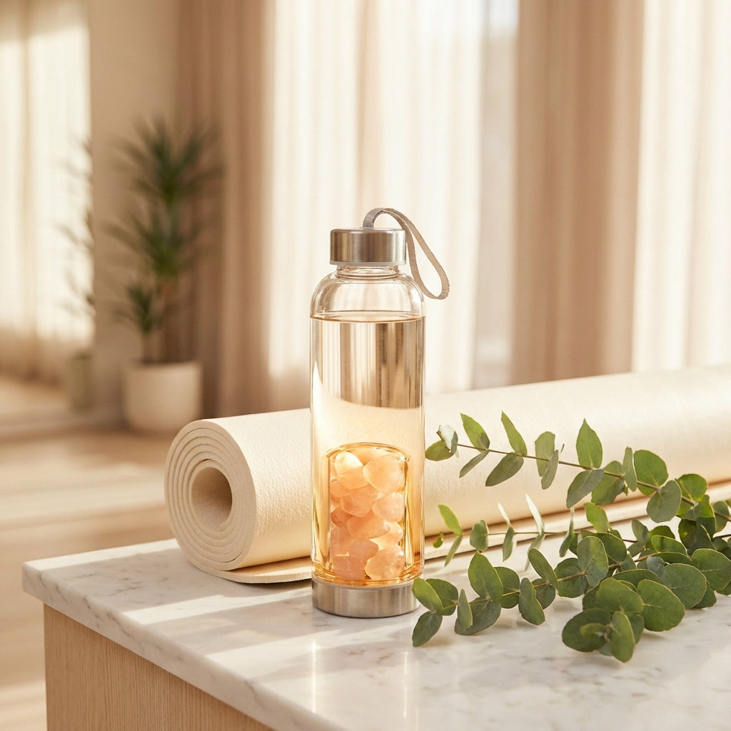 Crystal water bottle with rose quartz crystals in a serene wellness setting