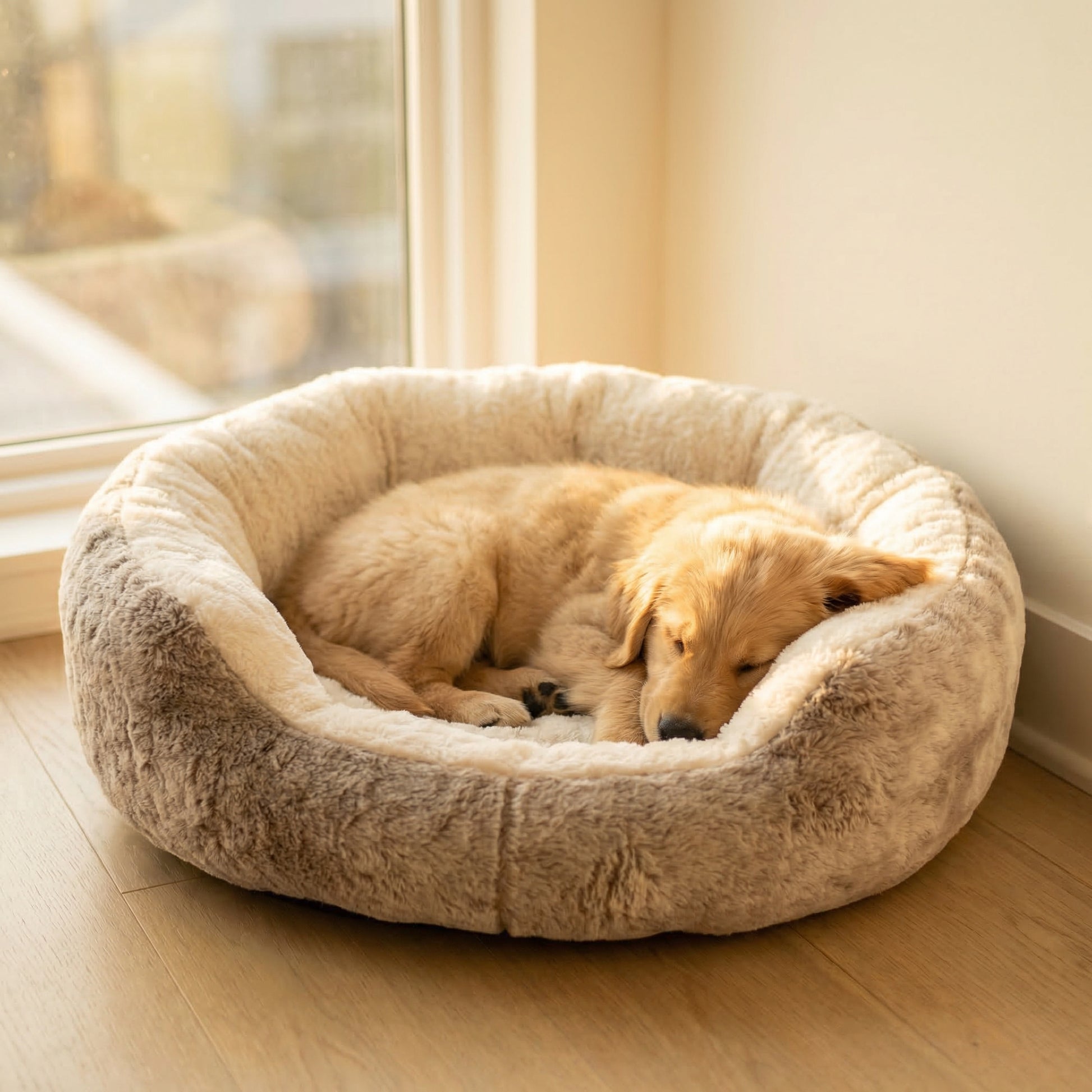 Golden retriever puppy sleeping in deep dish cuddler bed