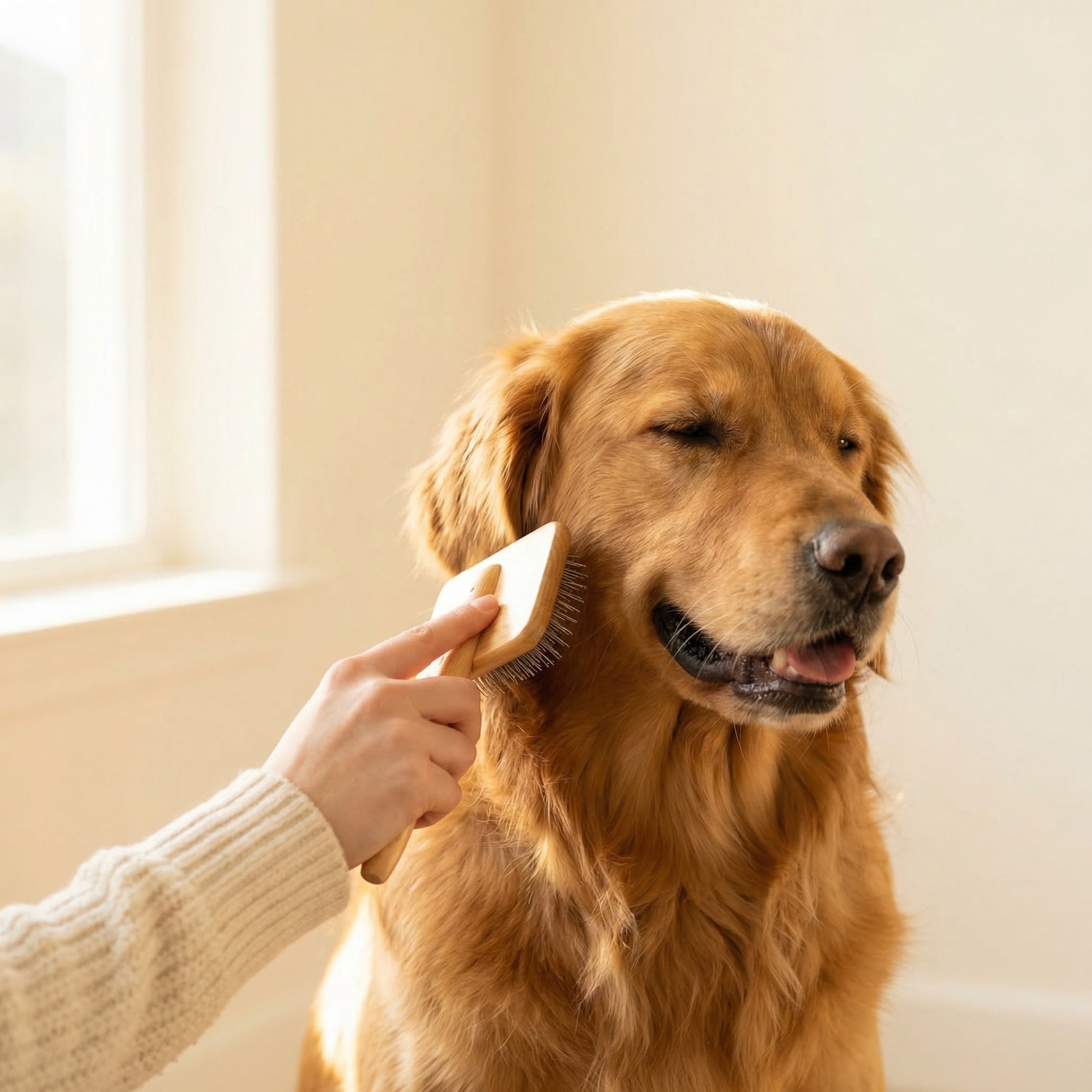 Golden retriever being brushed with slicker grooming brush
