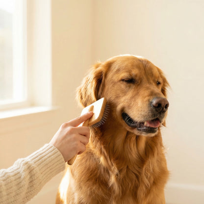 Golden retriever being brushed with slicker grooming brush