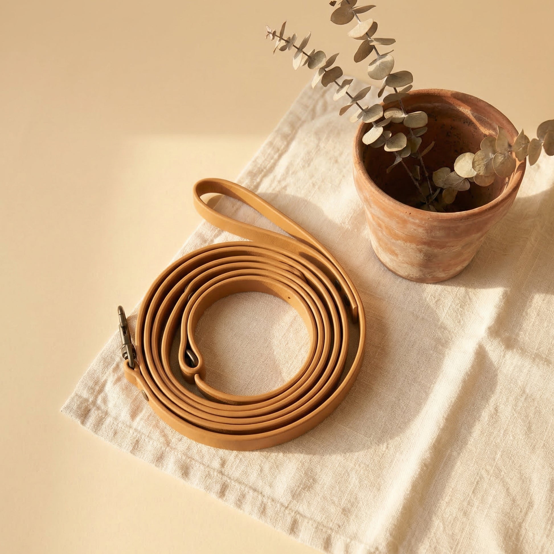 Biothane waterproof dog leash styled on cream linen