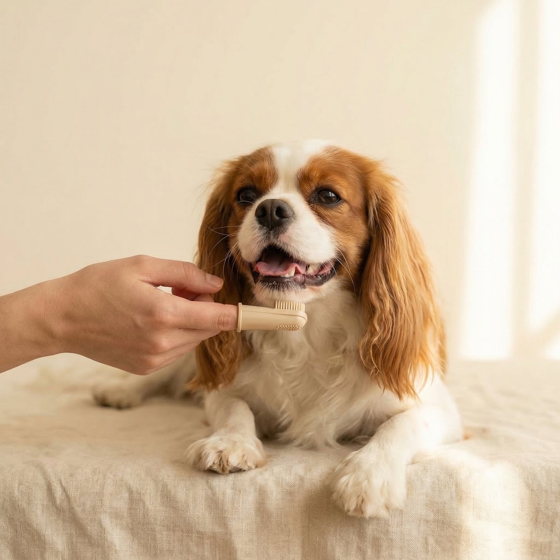 Cavalier King Charles Spaniel with dog toothbrush