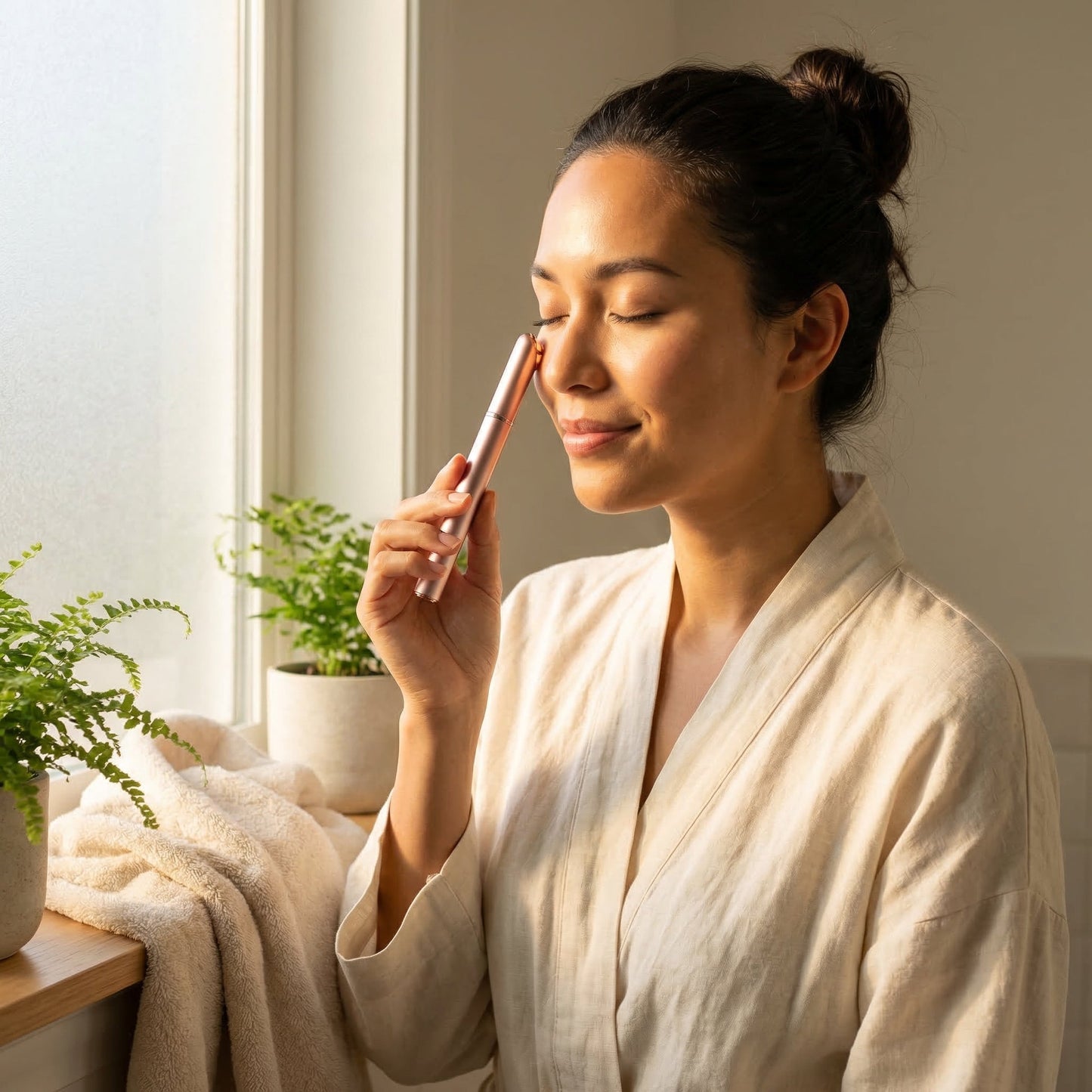 Woman using 4-in-1 LED Eye Massager for self-care