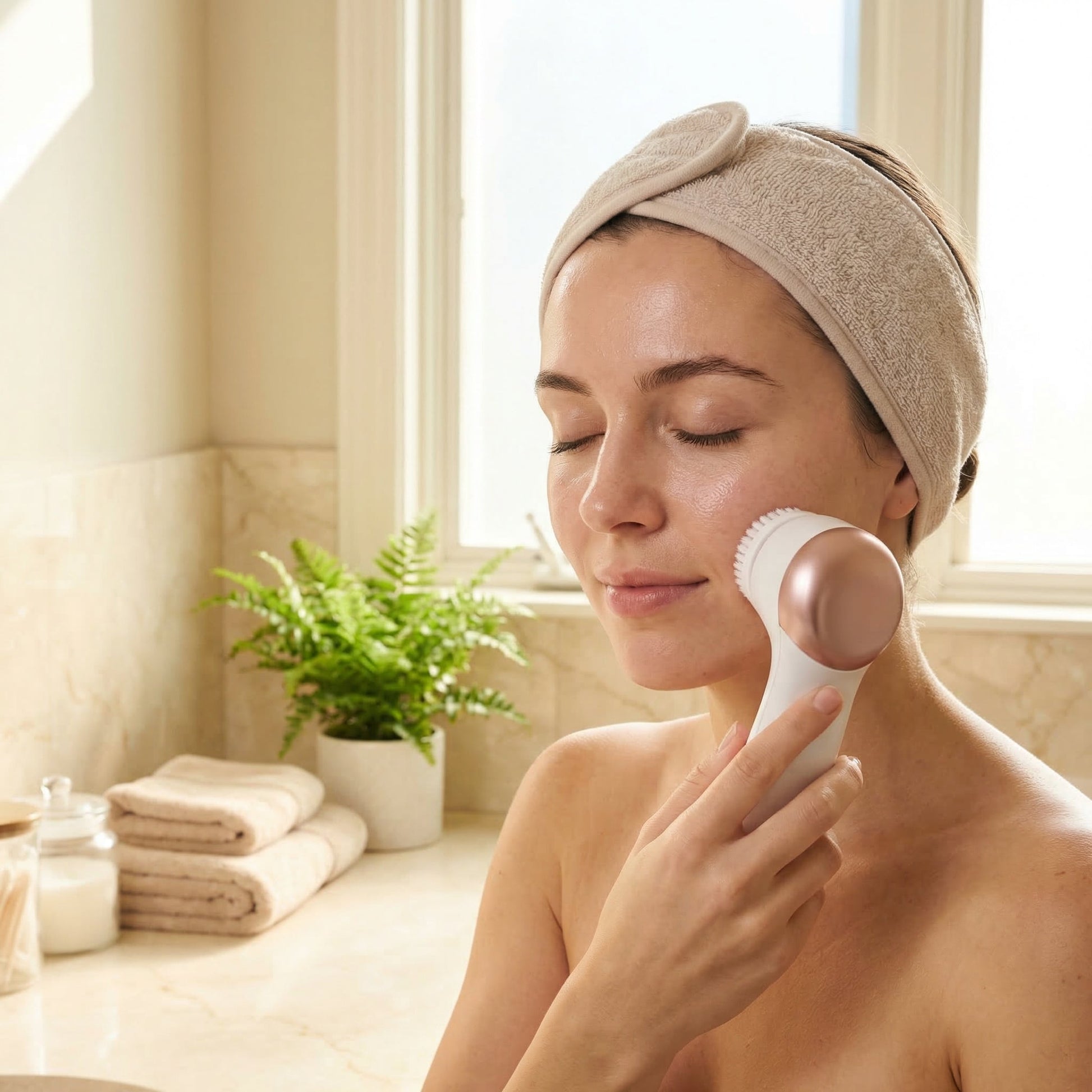 Woman using facial cleansing brush in spa-like bathroom