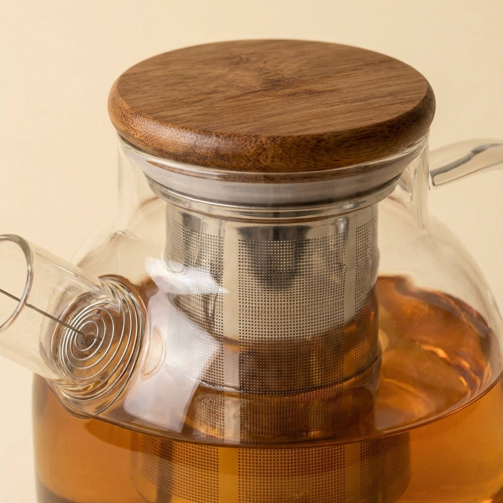 Glass Teapot with Wooden Lid detail