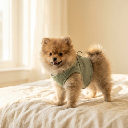 Pomeranian wearing cute adjustable harness vest