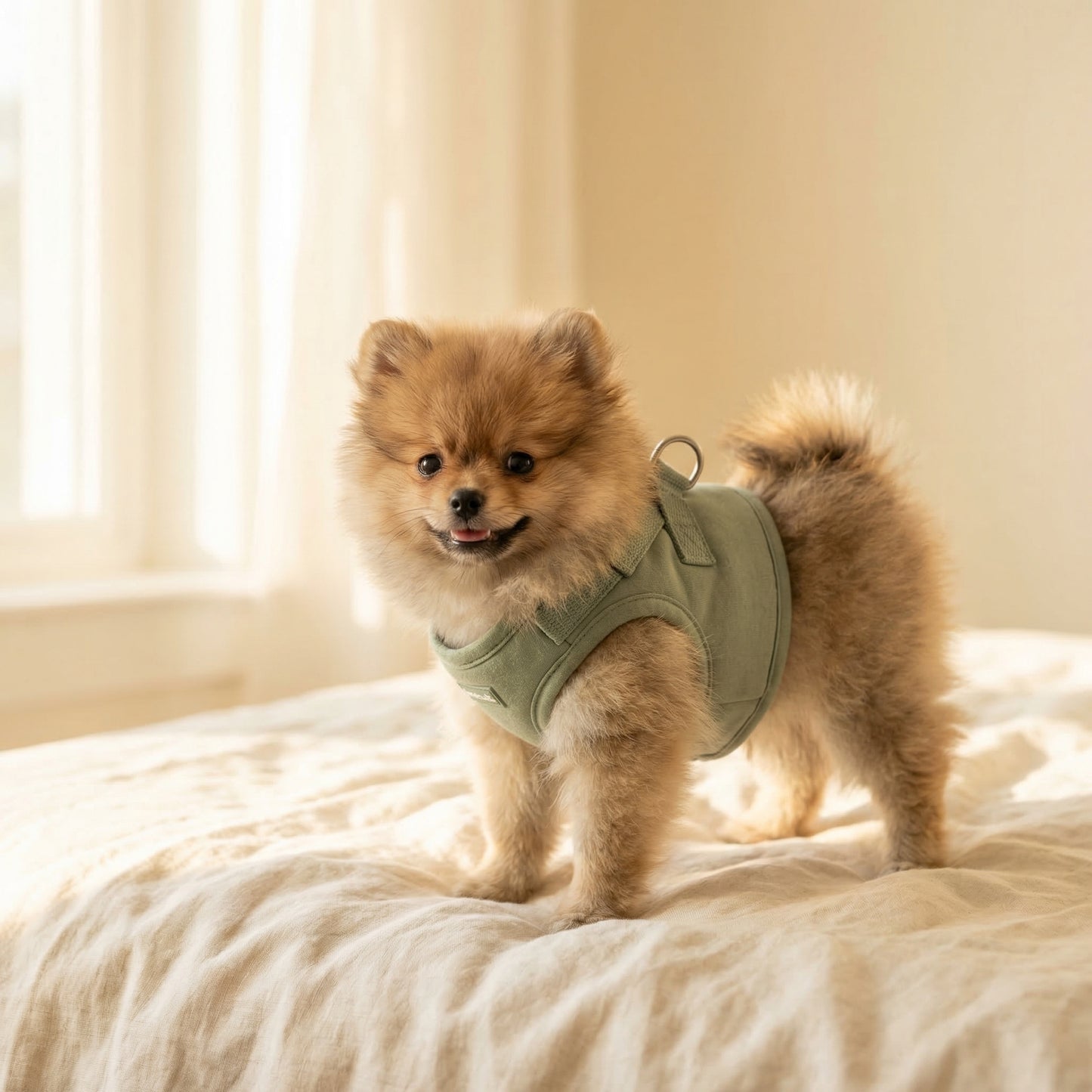 Pomeranian wearing cute adjustable harness vest