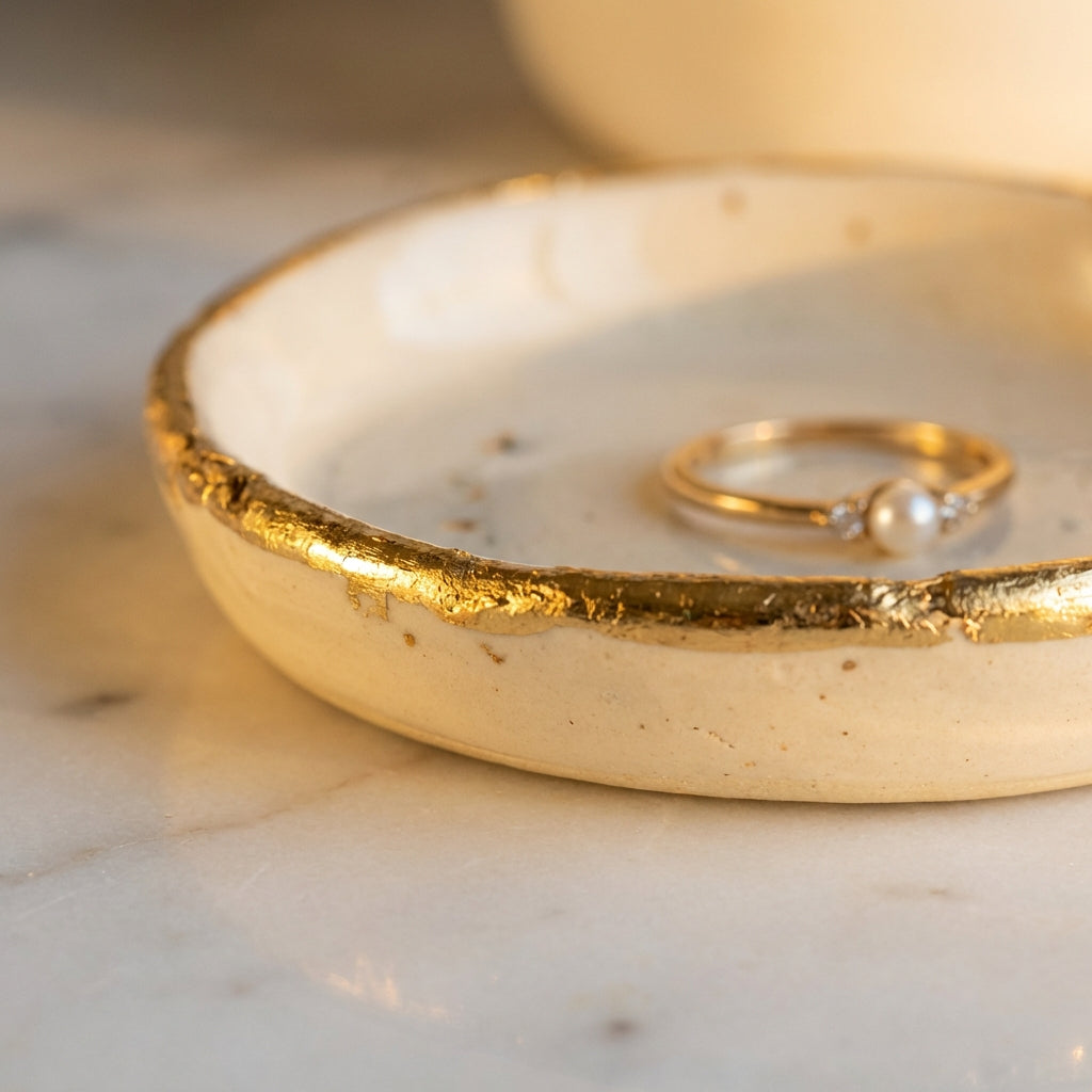 Close-up of ceramic jewelry tray showing gold leaf edge detail