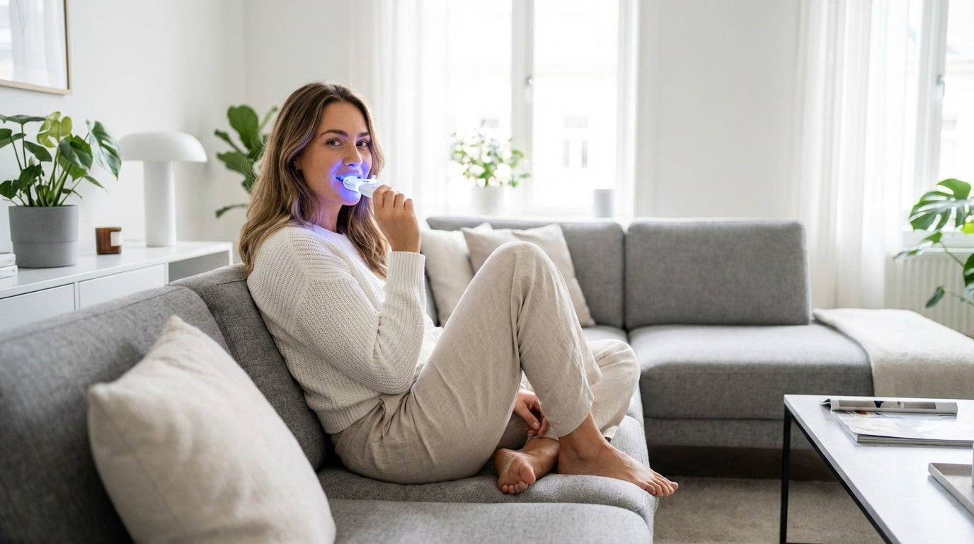 Woman using LED teeth whitening kit