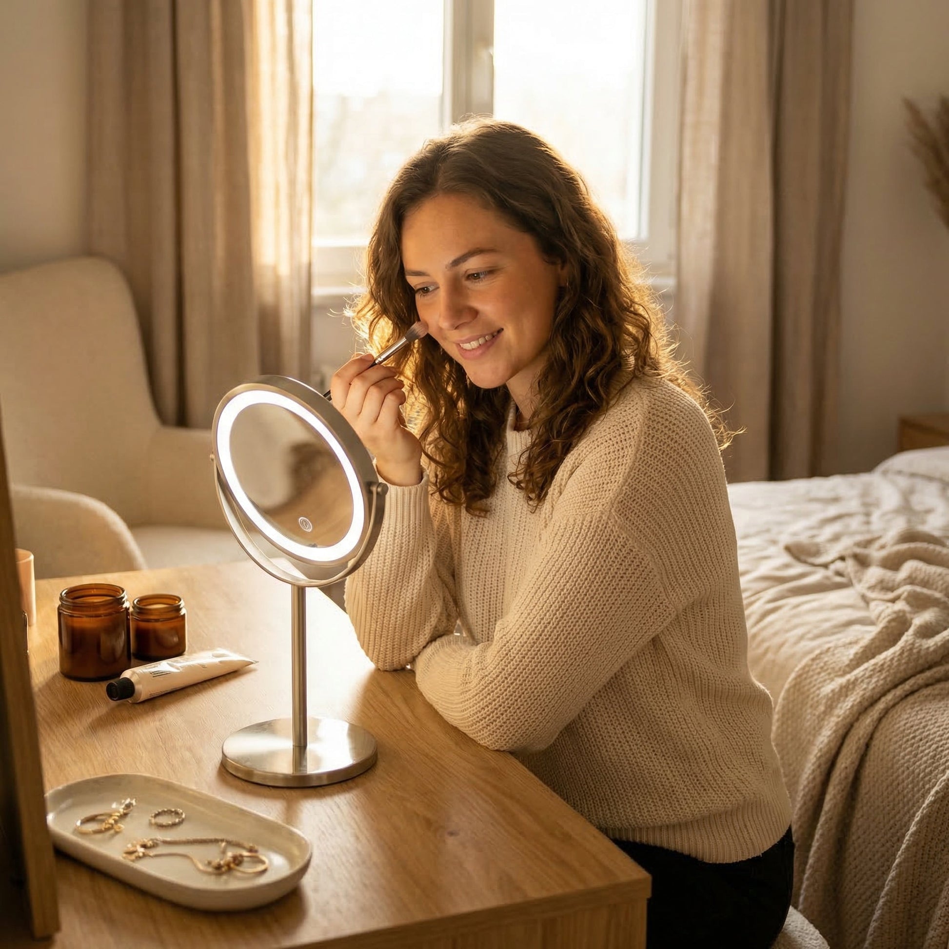 Woman using compact LED makeup mirror at vanity