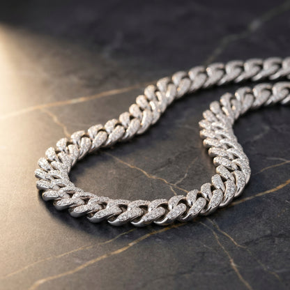 14mm Miami Prong Link Chain in white gold on dark marble