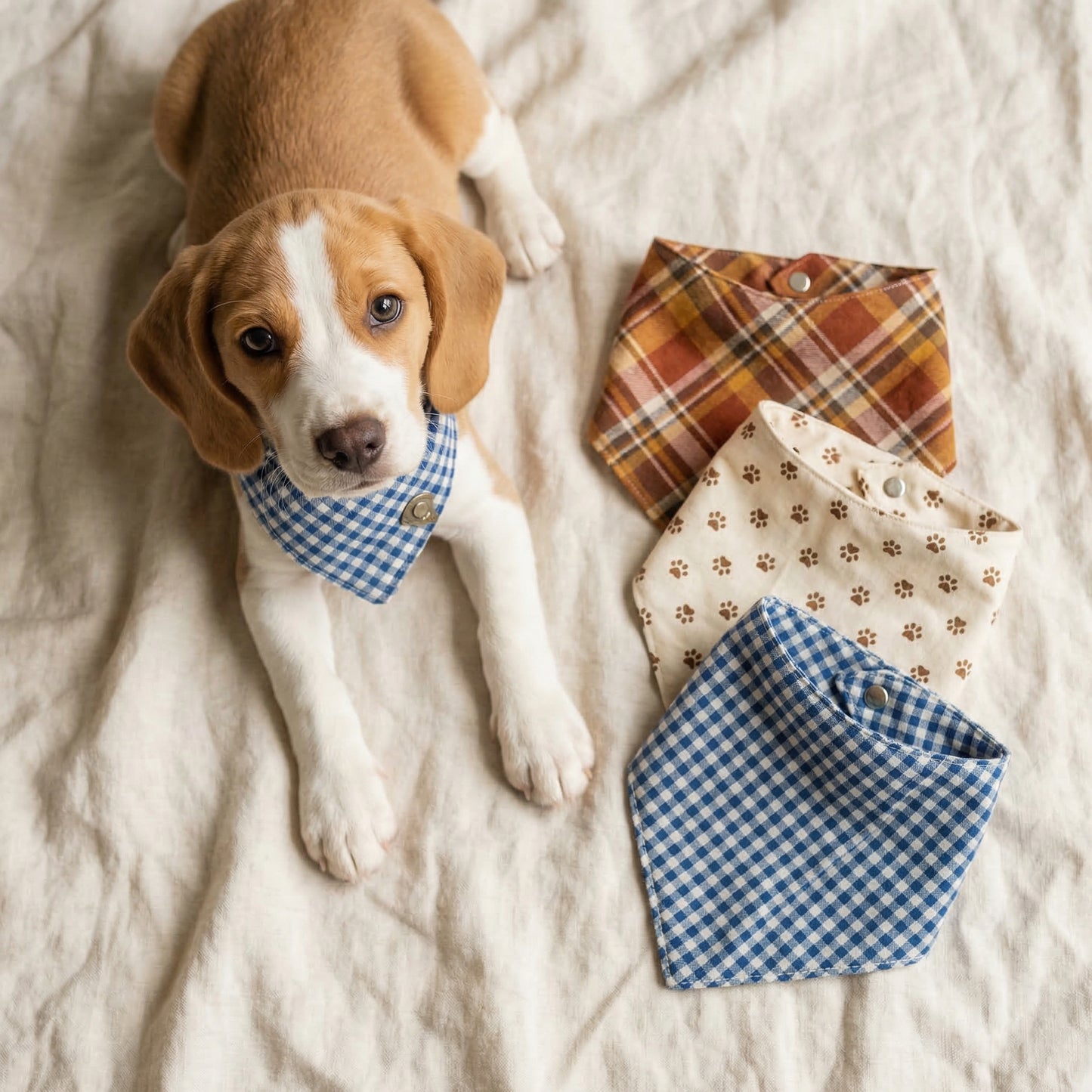 Beagle puppy wearing bandana with three-pack bandana set on linen