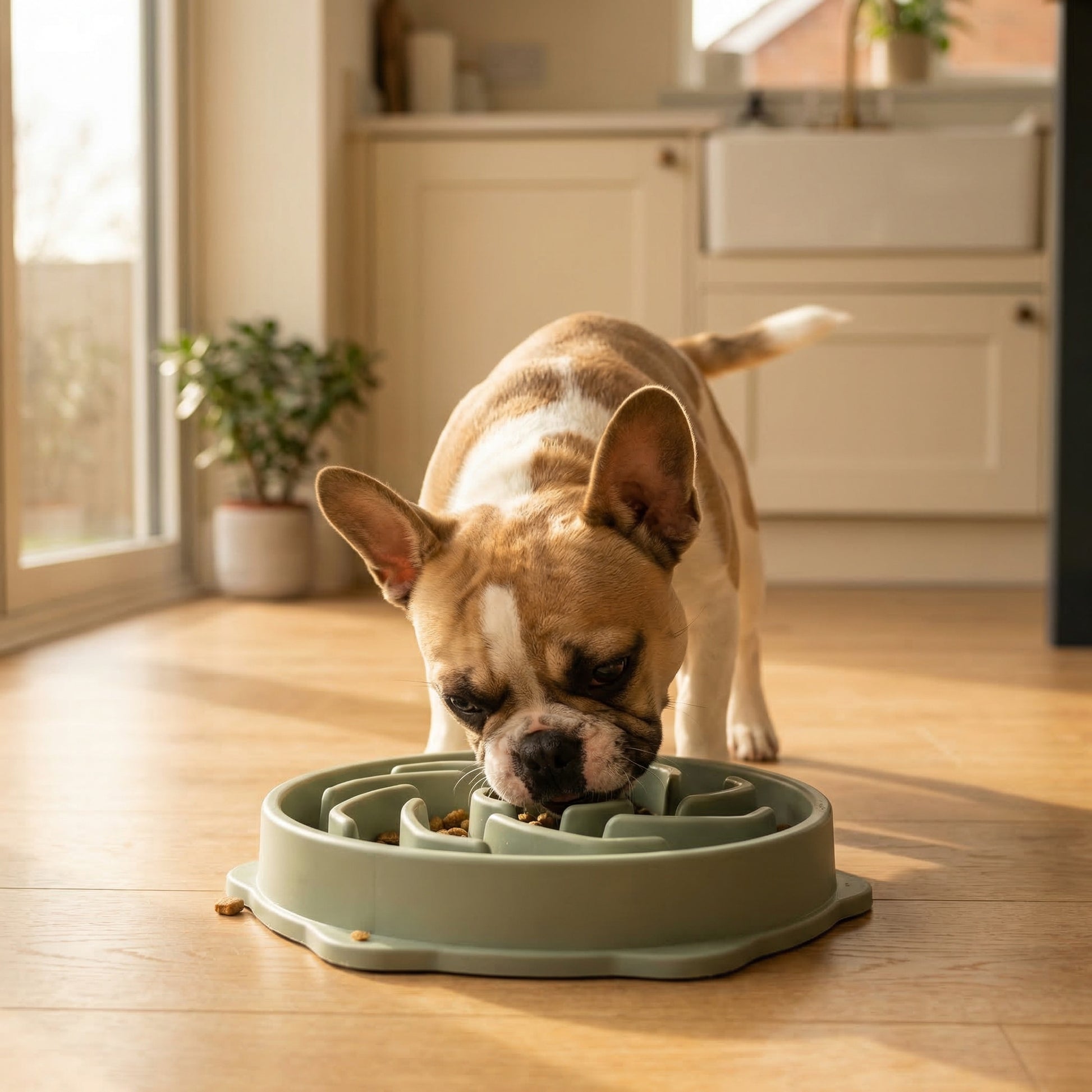 French bulldog eating from slow feeder puzzle bowl in kitchen