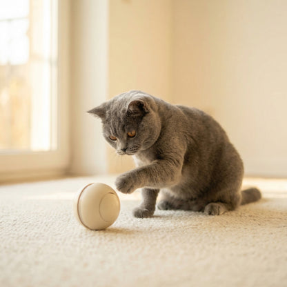 British Shorthair cat playing with interactive rolling toy