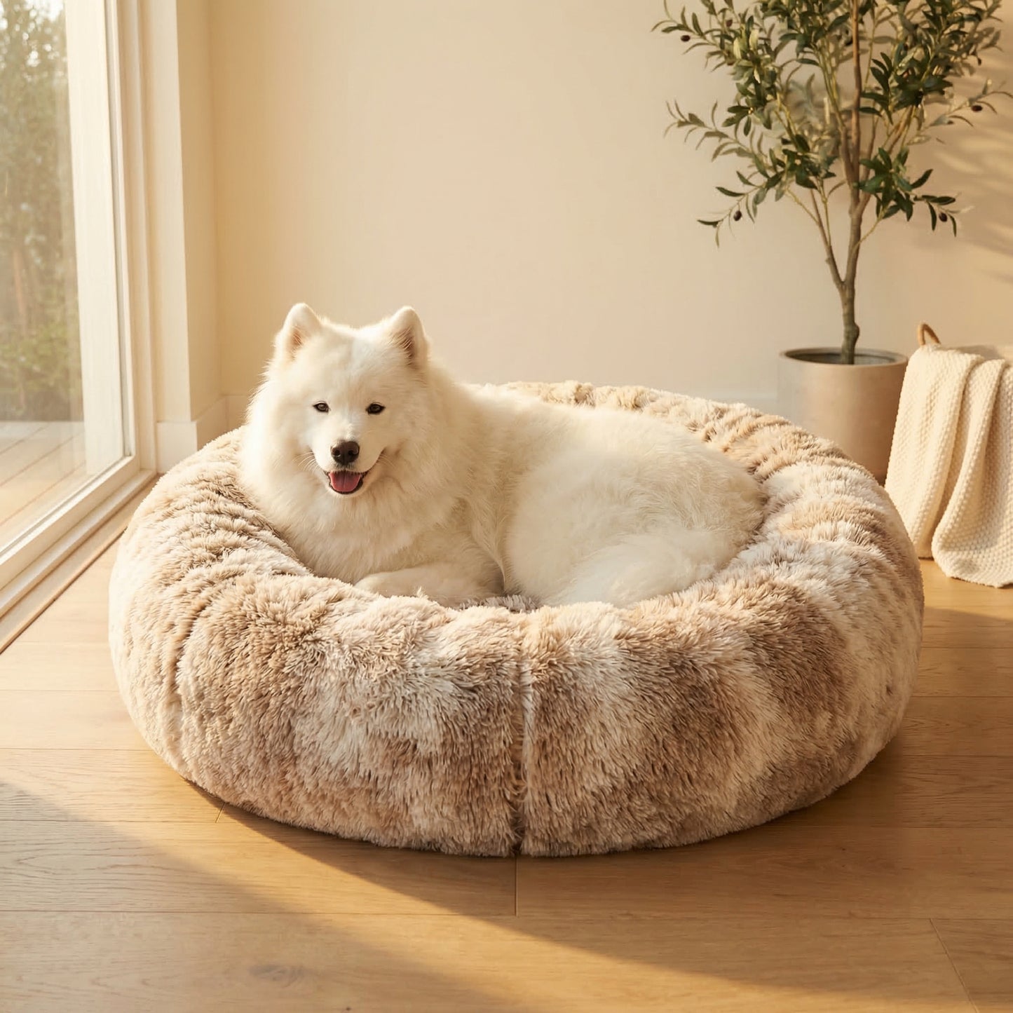 Samoyed lying in cozy plush round pet bed