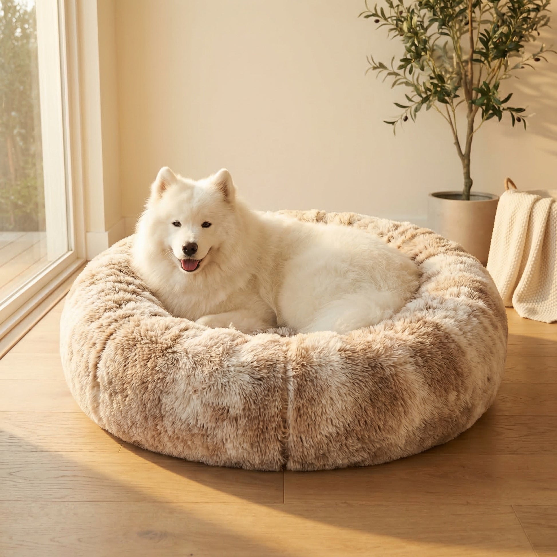 Samoyed lying in cozy plush round pet bed