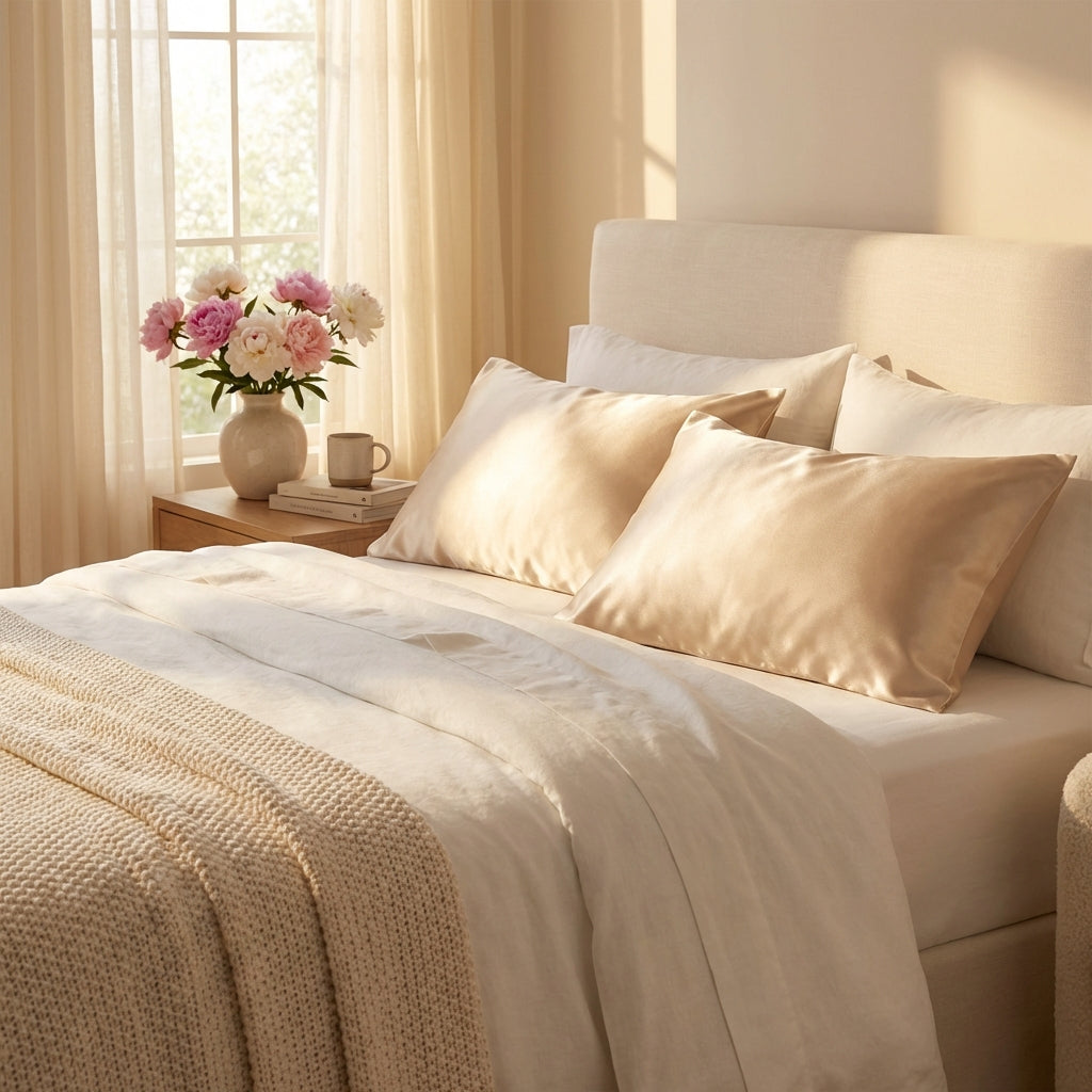 Close-up of satin pillowcase fabric texture and stitching