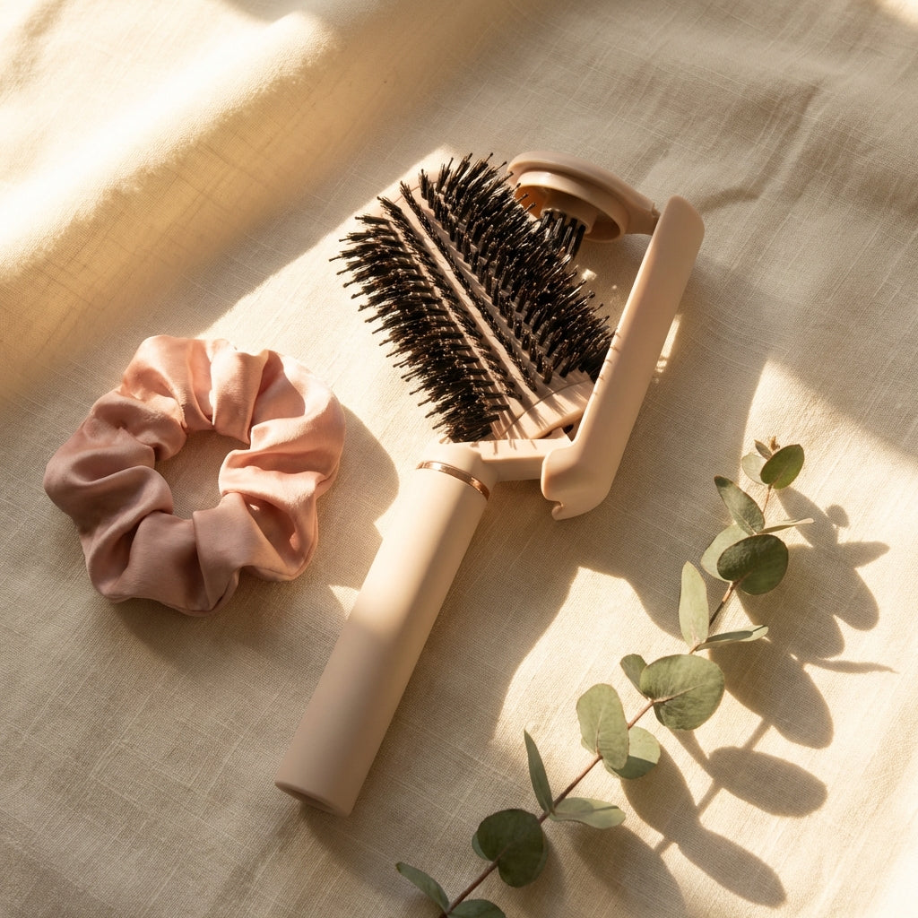 Self-cleaning hairbrush flat-lay with scrunchie and eucalyptus
