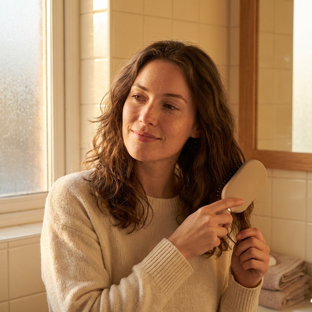 Woman brushing hair with self-cleaning hairbrush in warm bathroom