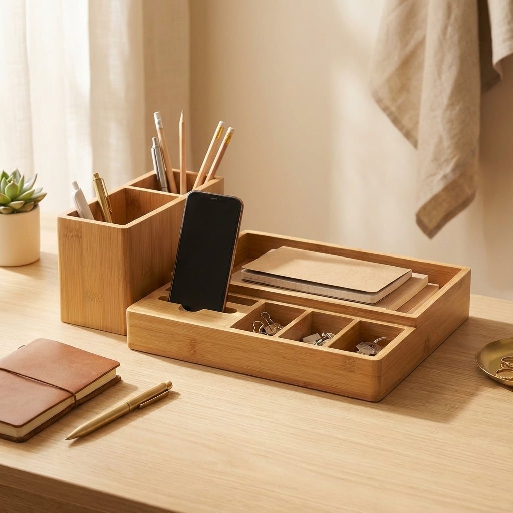 Bamboo Desk Organizer with items
