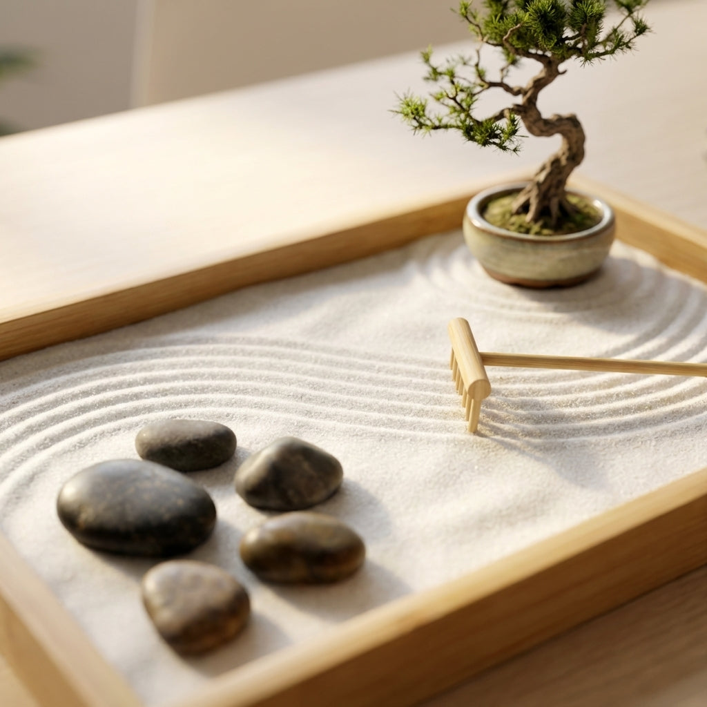 Desk Zen Garden close-up of raked sand patterns and bonsai