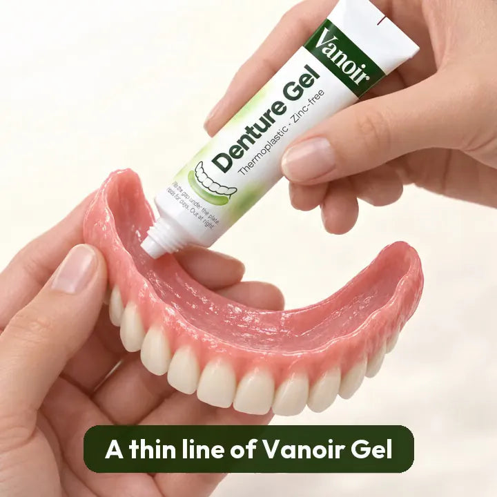 Hands run a thin line of Vanoir Denture Gel from the tube along the inside of an upper denture. The gel fills the gap and the plate holds; one application holds up to 7 days