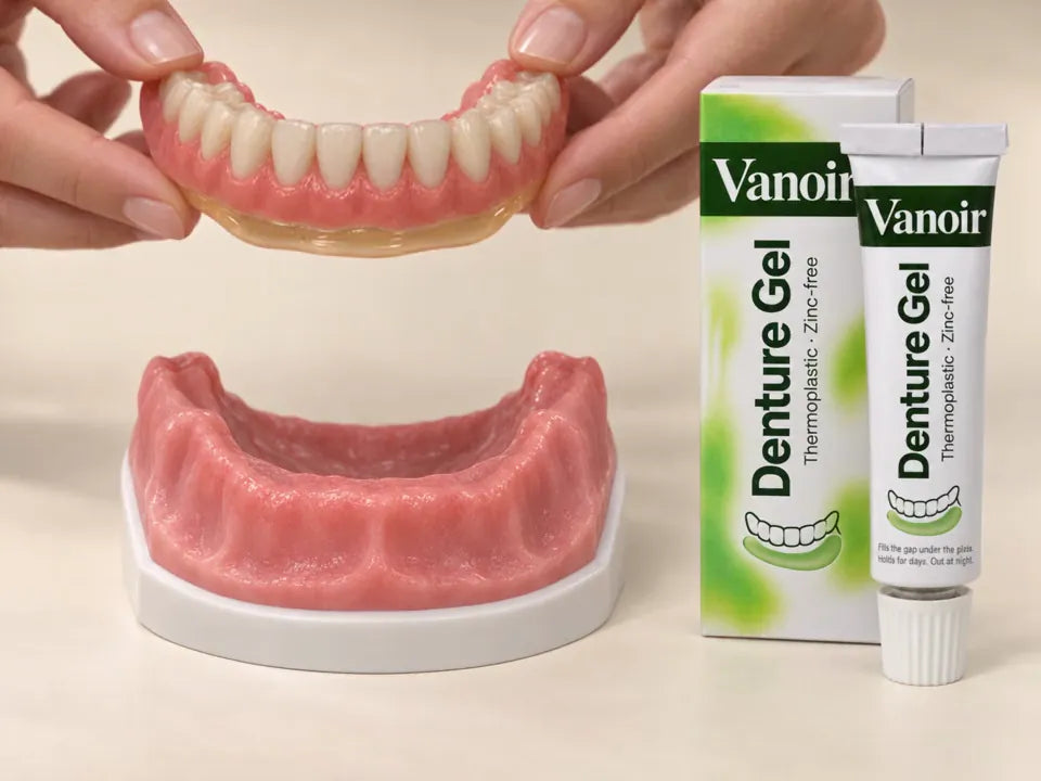 Hands hold a lower plate with a thin gel layer above a model jaw, next to a Vanoir Denture Gel tube and box
