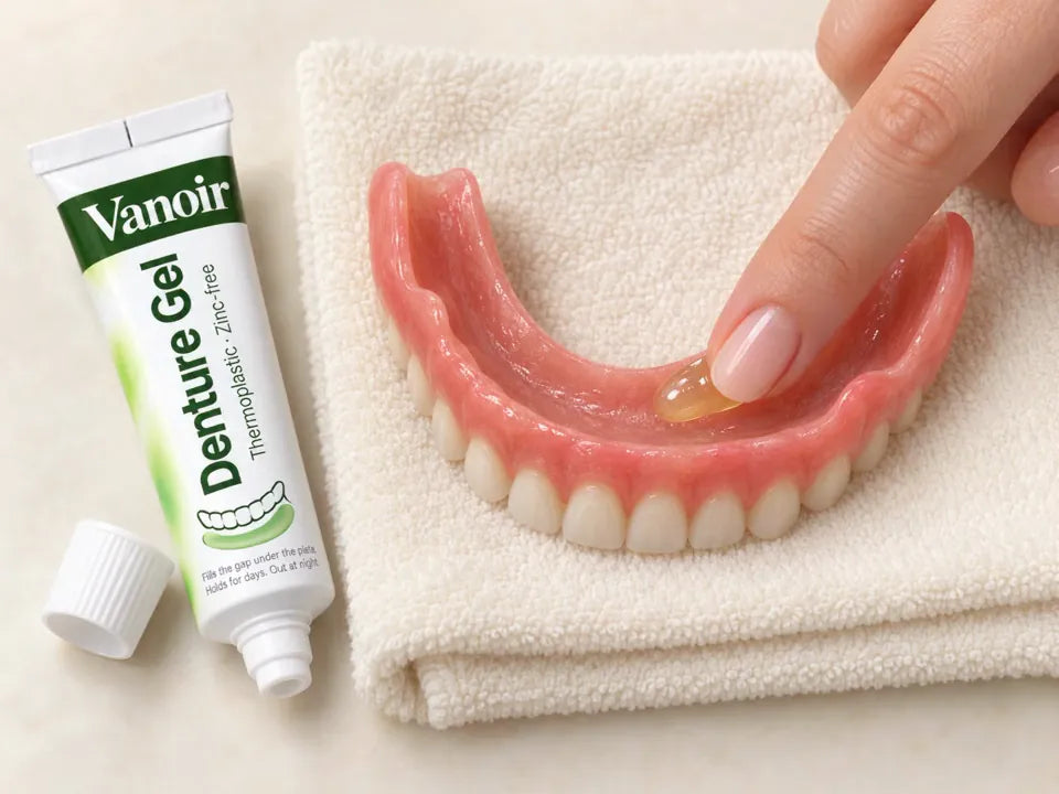 A finger spreads a thin layer of Vanoir Denture Gel over the inside of a lower plate on a towel
