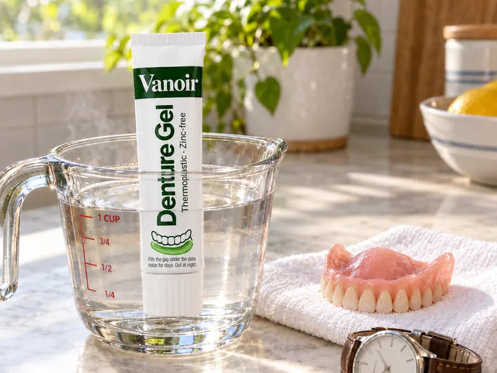 A Vanoir Denture Gel tube stands in a glass measuring cup of warm water beside a clean, dry upper plate on a towel