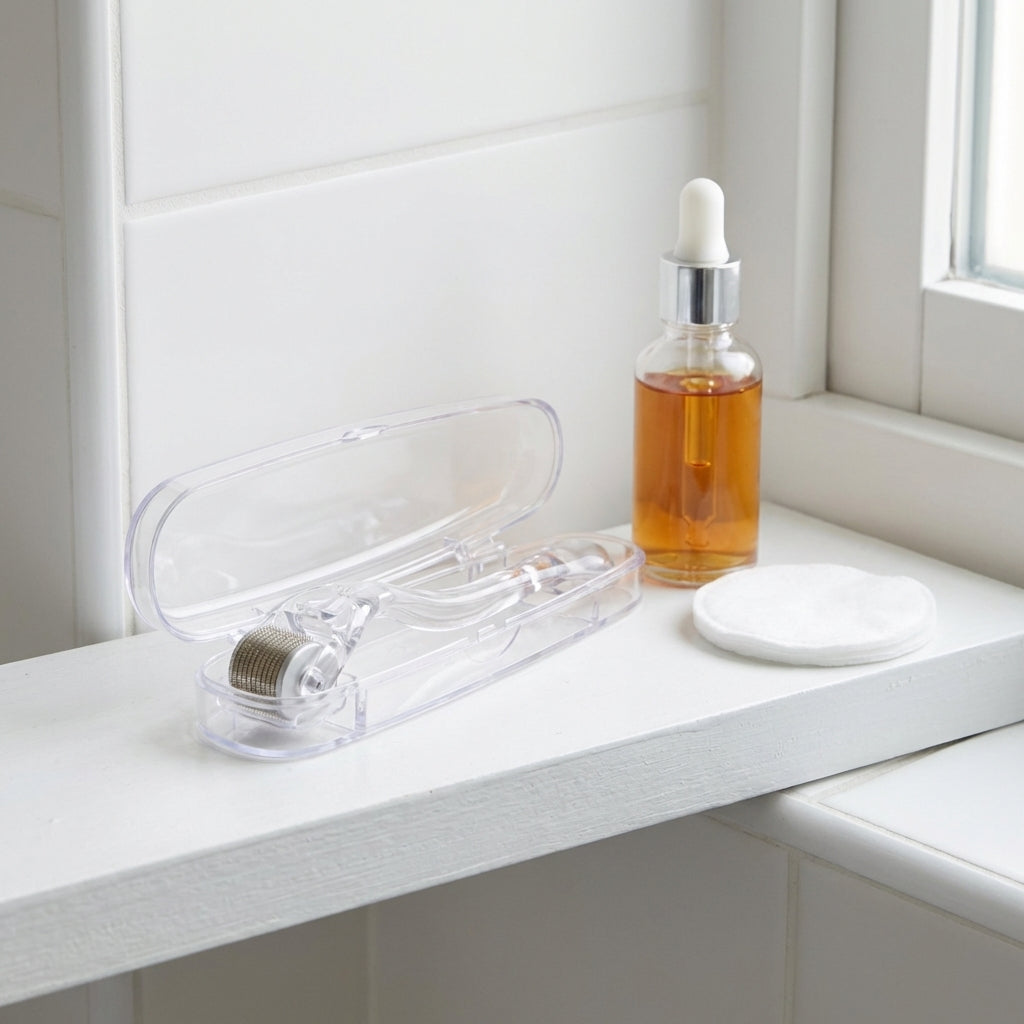 Derma Roller Kit on bathroom shelf with serum