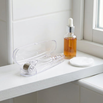 Derma Roller Kit on bathroom shelf with serum