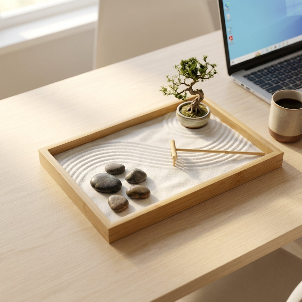 Desk Zen Garden on modern office desk with laptop and coffee