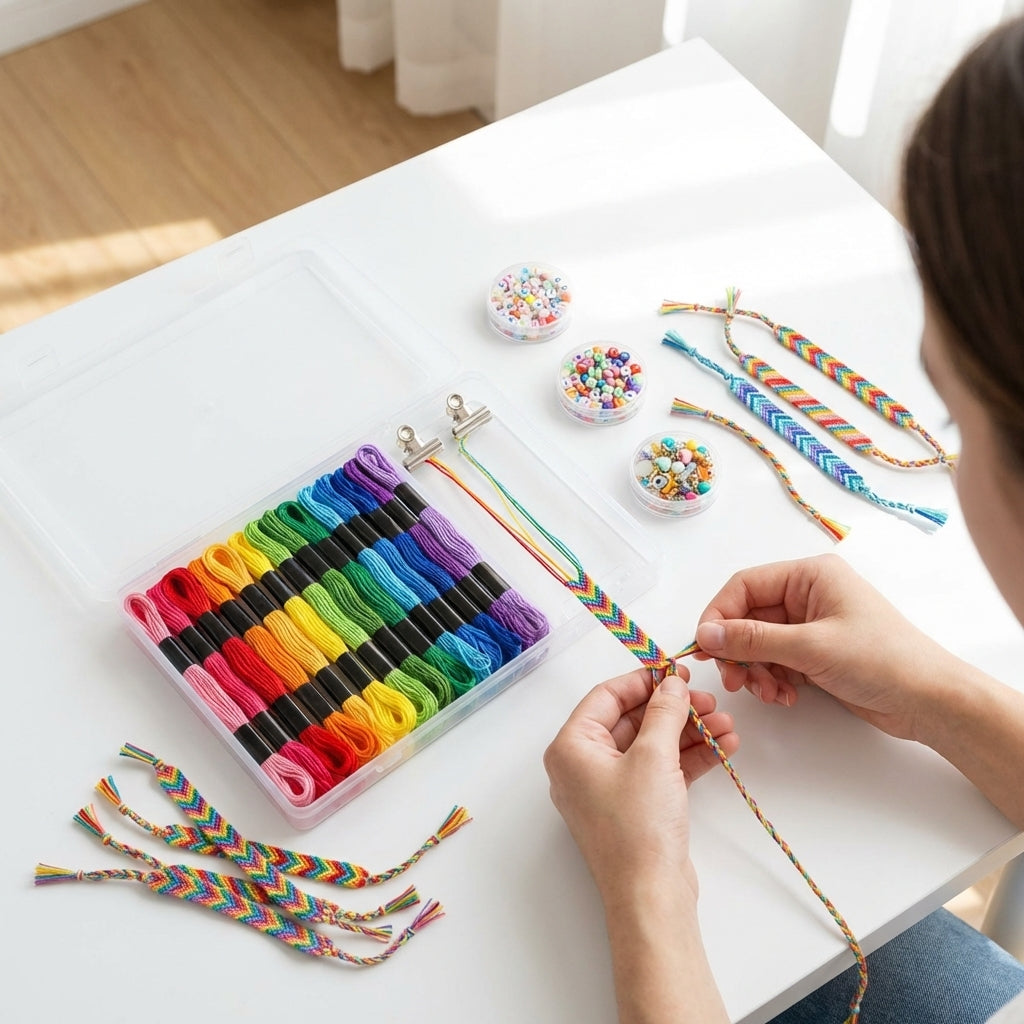Friendship Bracelet Kit in use with hands making a bracelet