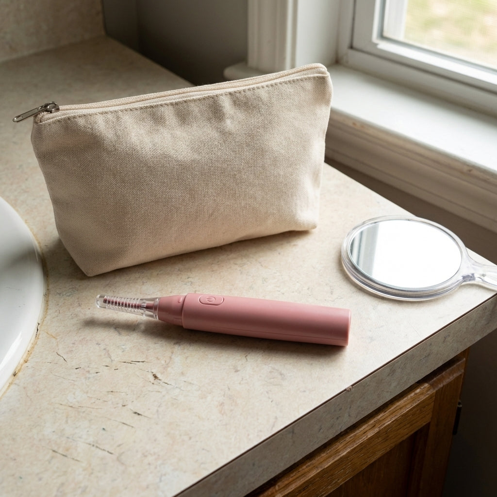 Heated Eyelash Curler on bathroom counter with makeup bag