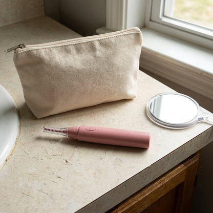 Heated Eyelash Curler on bathroom counter with makeup bag