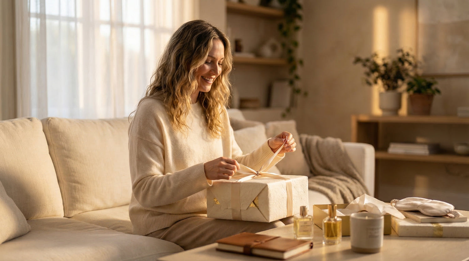 Woman opening a curated package from Vanoir
