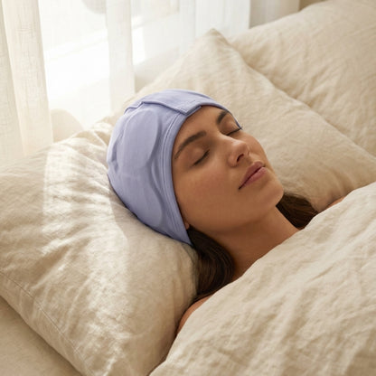 Cold Therapy Migraine Cap being worn