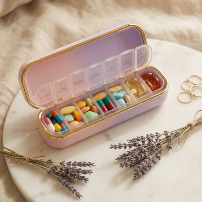 Cute Pill Organizer opened with vitamins