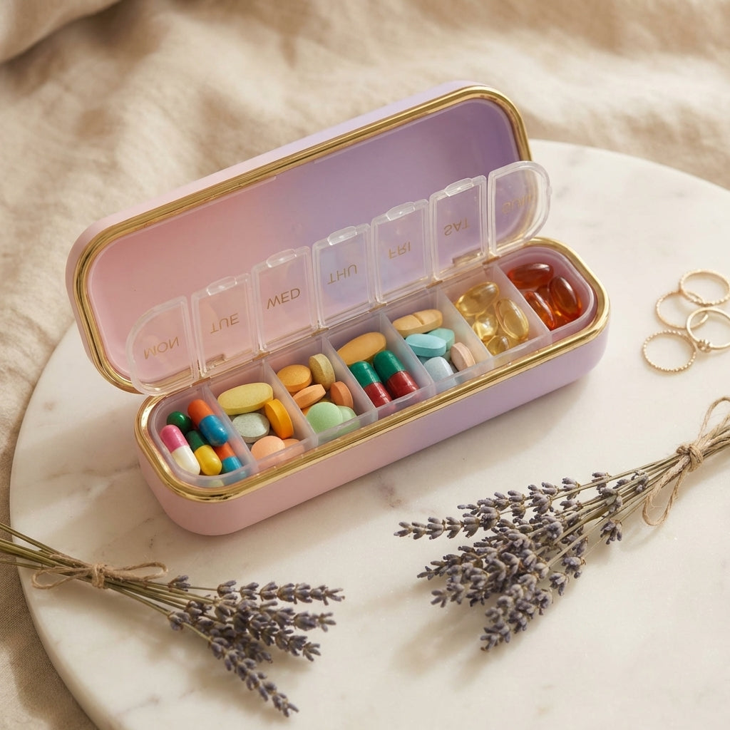 Cute Pill Organizer opened with vitamins VIP