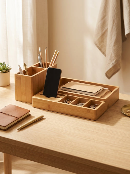 Vanoir Bamboo Desk Organizer - Natural wood multi-compartment desk organizer