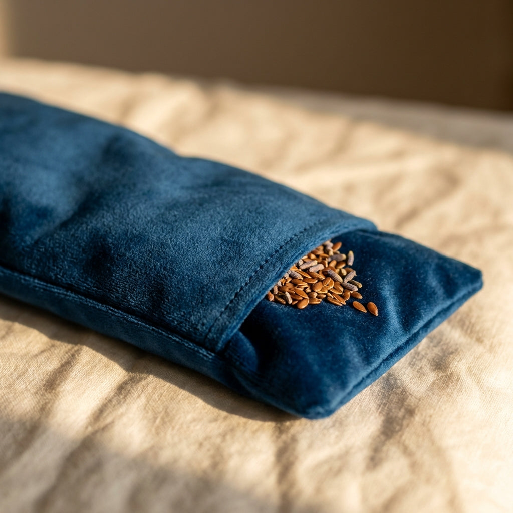 Close-up of weighted eye pillow showing velvet fabric and flaxseed filling