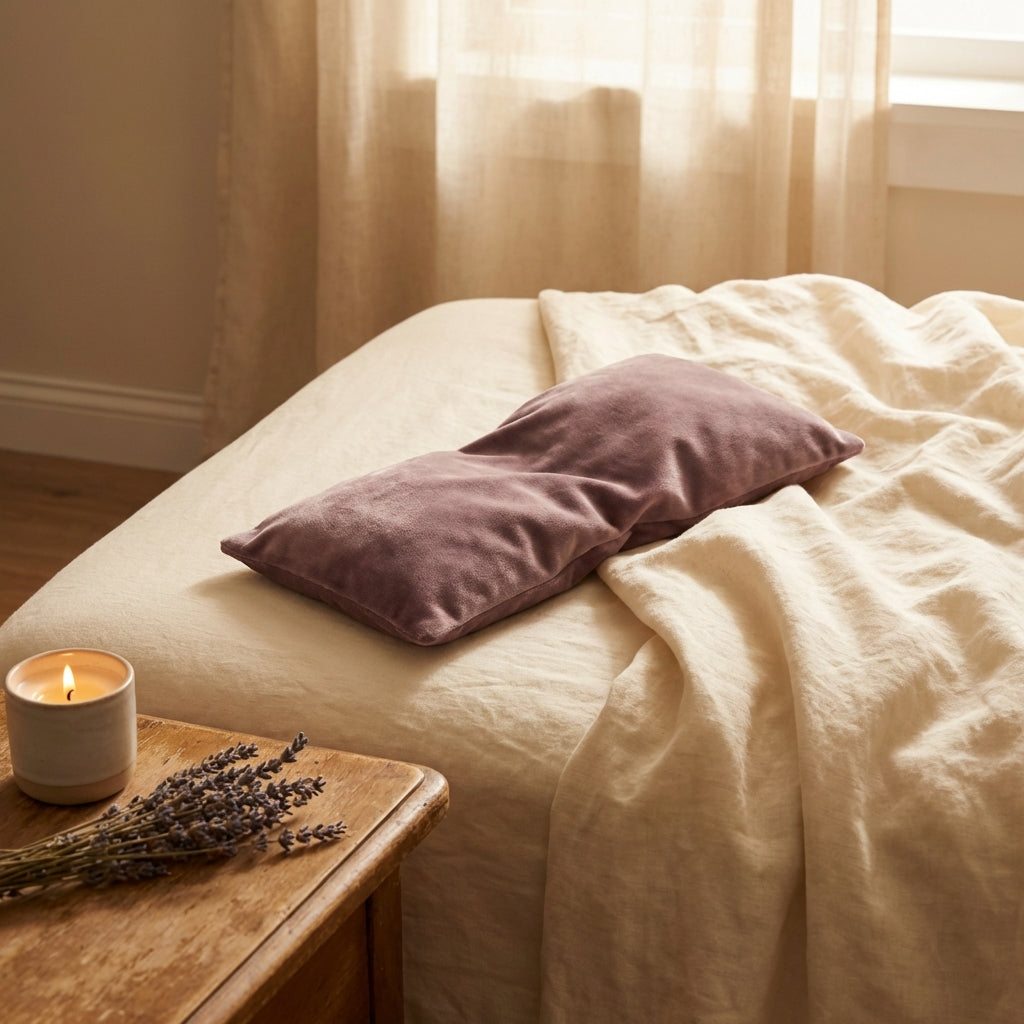 Weighted eye pillow on linen bedsheets with candle and dried lavender